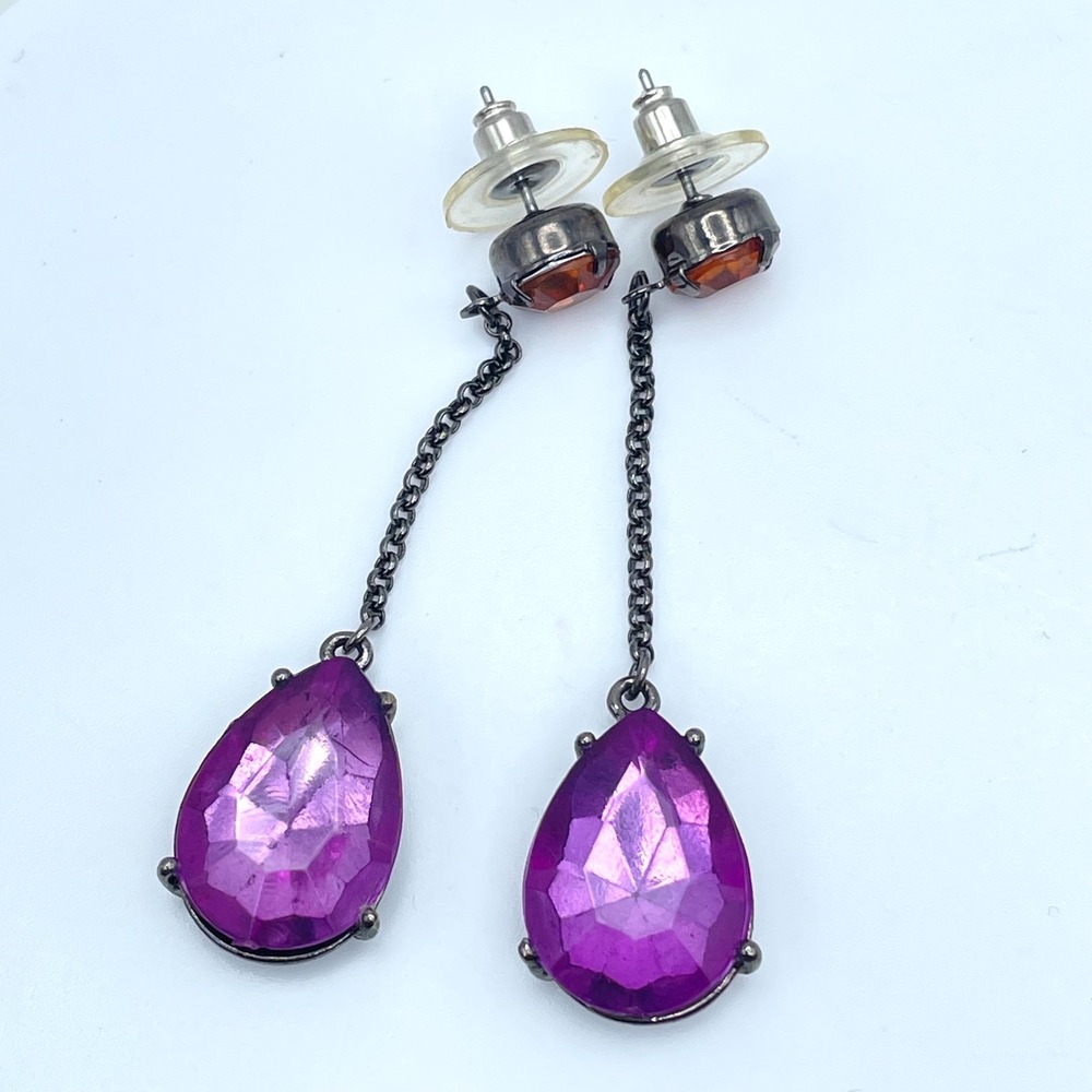 Vintage Gunmetal-Tone Prong Faceted Glass Purple Teardrop Beads Dangle Earrings